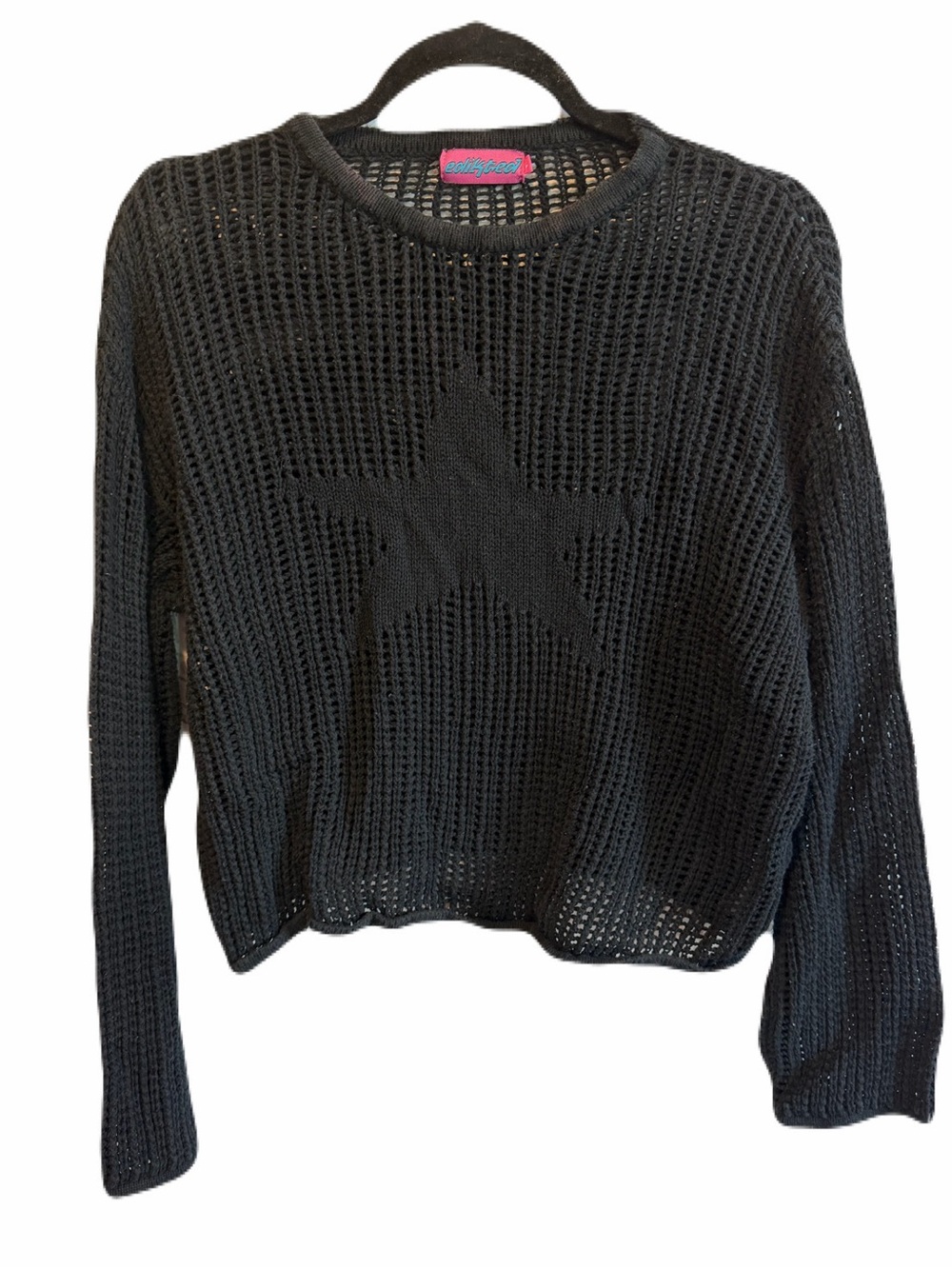 Edikted Seeing Stars Black Star Crochet/Knit Look Sweater size Small 100% Cotton